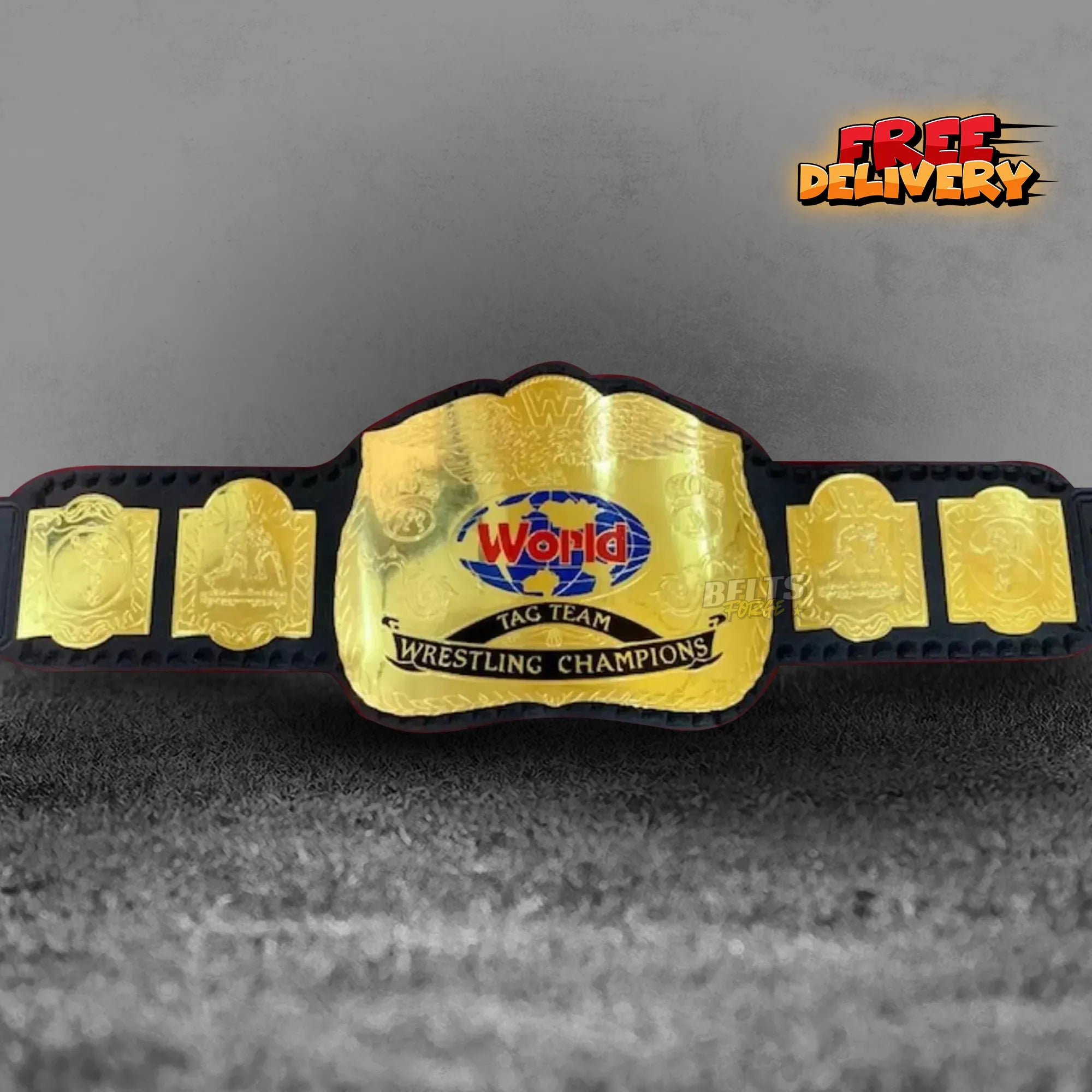 Golden Era Tag Team Championship Belt replica front view, gold-plated brass globe main plate on genuine black leather strap by Belts Forge