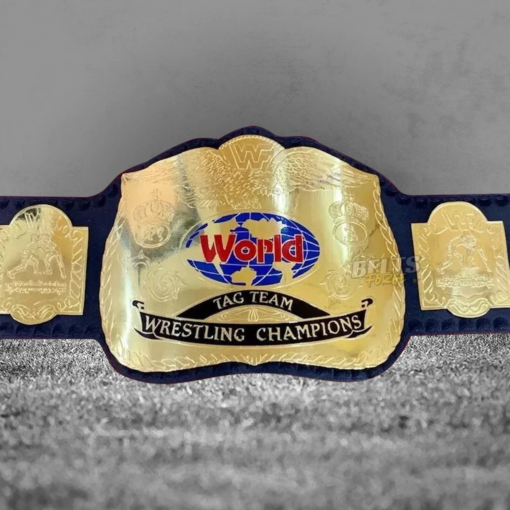 Golden Era Tag Team Championship Belt full front view showing complete gold-plated brass plates and genuine leather strap
