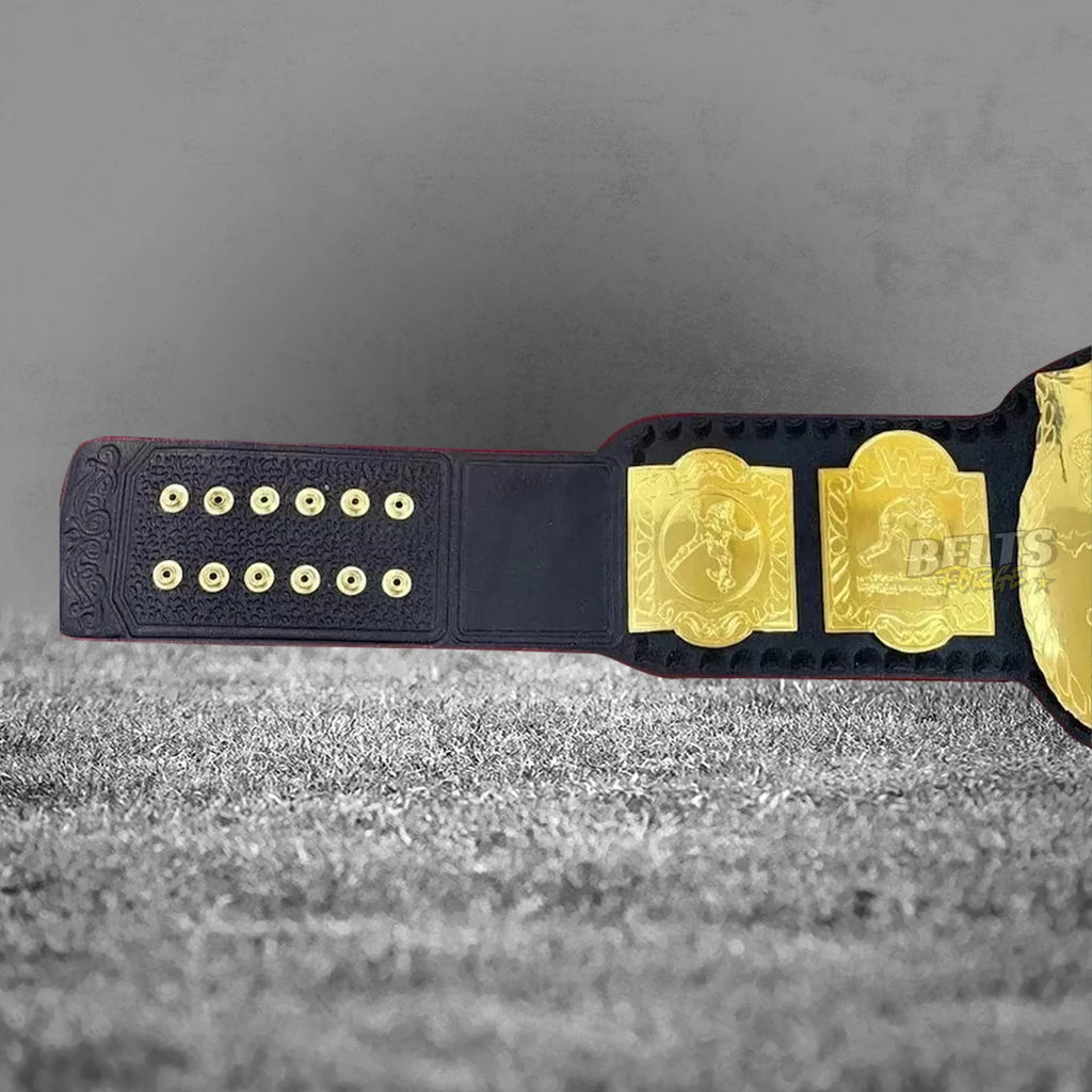 Golden Era Tag Team Championship Belt strap rivet and side plate view showing gold hardware on genuine black leather strap