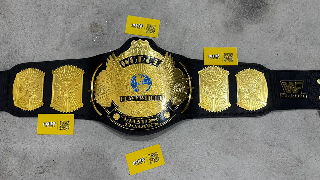 WWF Winged Eagle Championship Belt replica center plate full display, CNC-engraved brass eagle on black leather strap