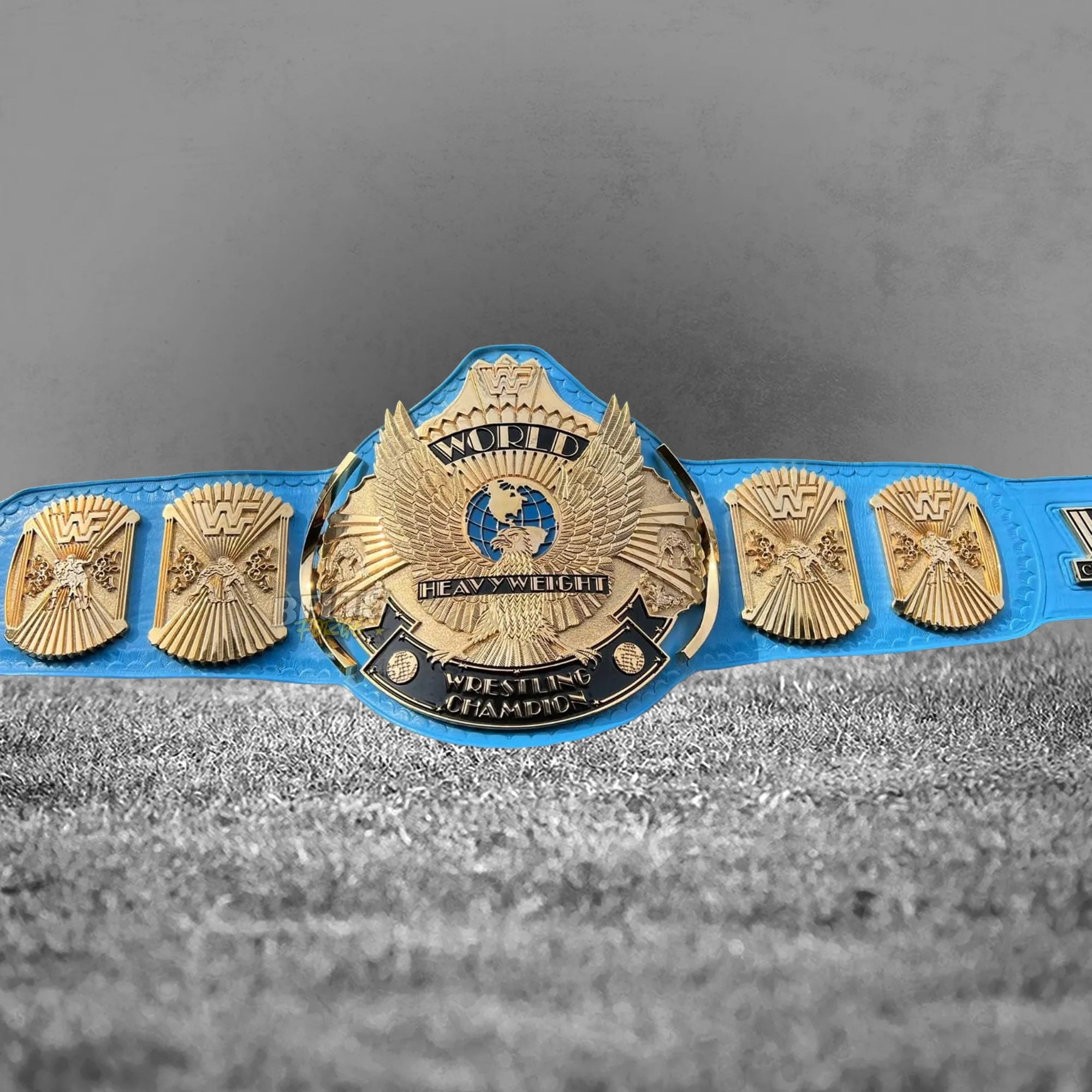 Winged Eagle Championship Belt full display view showing complete gold-plated eagle plates on genuine blue leather strap