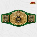 Custom eagle championship belt with gold crown, globe and laurel details on a green strap