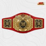 Custom eagle championship belt with gold crown and globe centre plate on a red strap