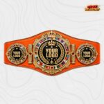 Custom boxing belt with gold crown, laurel and world flag plates on an orange strap, front view