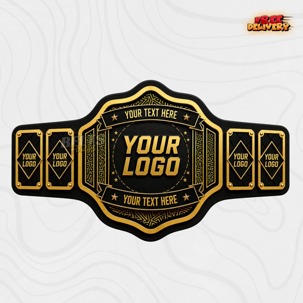 Black and gold championship belt with scalloped banner design