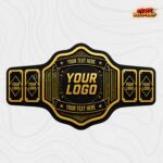 Black and gold championship belt with scalloped banner design