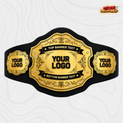 Custom filigree championship belt with dual text banner design