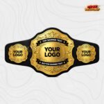 Scalloped gold championship belt with dual text banner design