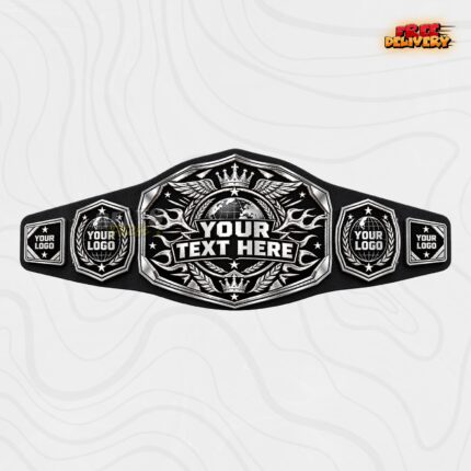 Silver globe championship belt with winged crown and laurel wreath