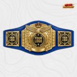 Custom eagle and globe championship belt with gold plates on a royal blue strap