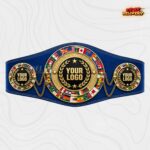 Custom boxing belt with gold world flag medallions, laurel details and a royal blue strap