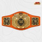 Custom eagle championship belt with gold crown and globe plates on an orange strap, front view