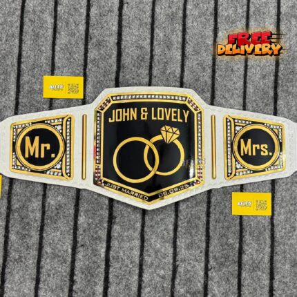 Wedding championship belt with Just Married Mr and Mrs design