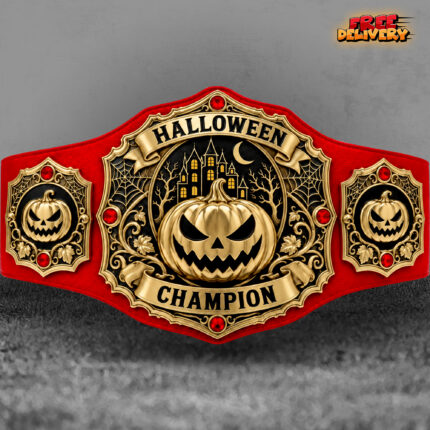 Halloween championship belt with gold pumpkin plates, haunted castle, red gem accents and a black strap.