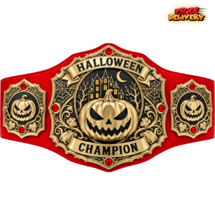 Halloween Champion pumpkin belt with blue strap, gold castle and spiderweb detailing, shown against white.