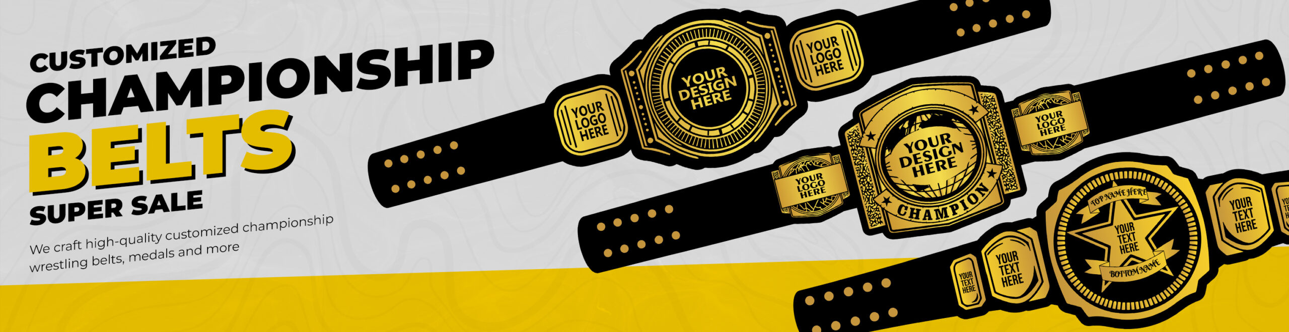 Customized championship belts — Super Sale. Personalized gold belts with your logo and design.